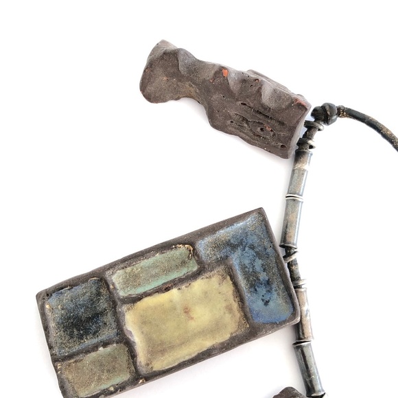 Vintage Artisan Modernist Necklace with Silver Beads and Pottery Pendants - Picture 6 of 13